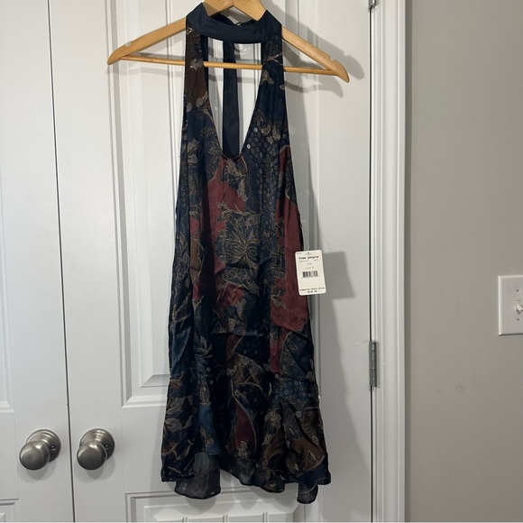Free People Floral Paisley Halter High-Low Dress in Navy, Burgundy, and Brown - Picture 4 of 7